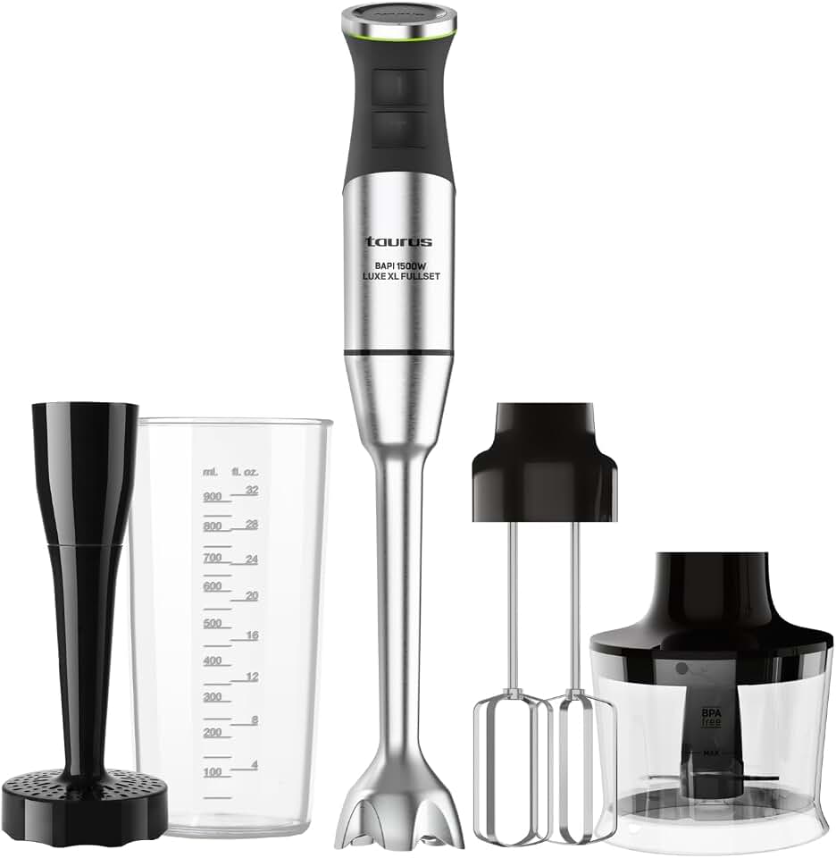 Taurus – Batidora de Mano Bapi 1500 Luxe XL,1500W, 20 Velocidades + Turbo, Cuchillas Acero Doble Efecto, Antisalpicaduras, Soft Touch, Vaso Medidor 900ml, Picador 350ml, Doble Emulsionador, Pasapurés