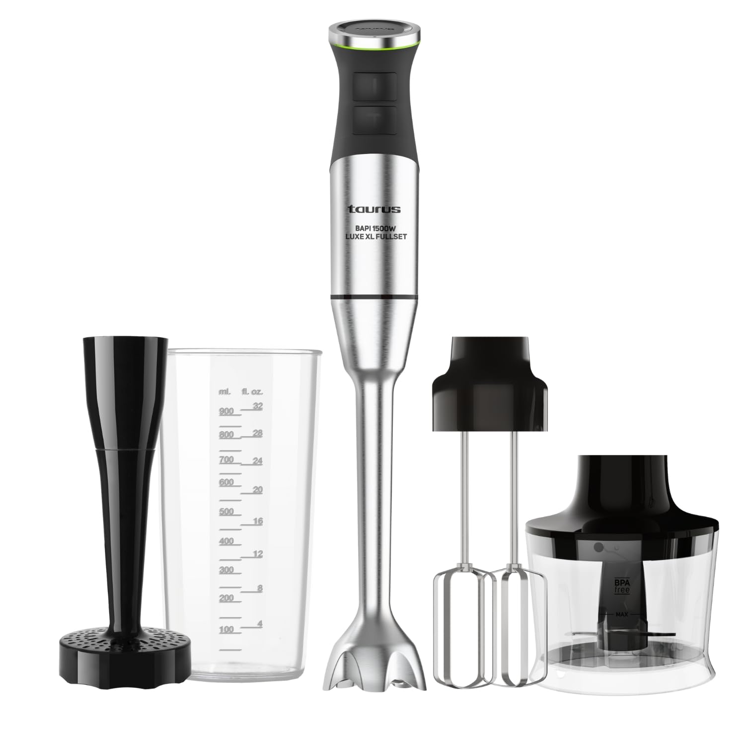 Taurus Bapi 1500 Luxe XL Hand Blender, 1500 W, 20 Speeds + Turbo, Double Effect Steel Blades, Anti-splash, Soft Touch, Measuring Cup 900 ml, Chopper 350 ml, Double Emulsifier, Masher