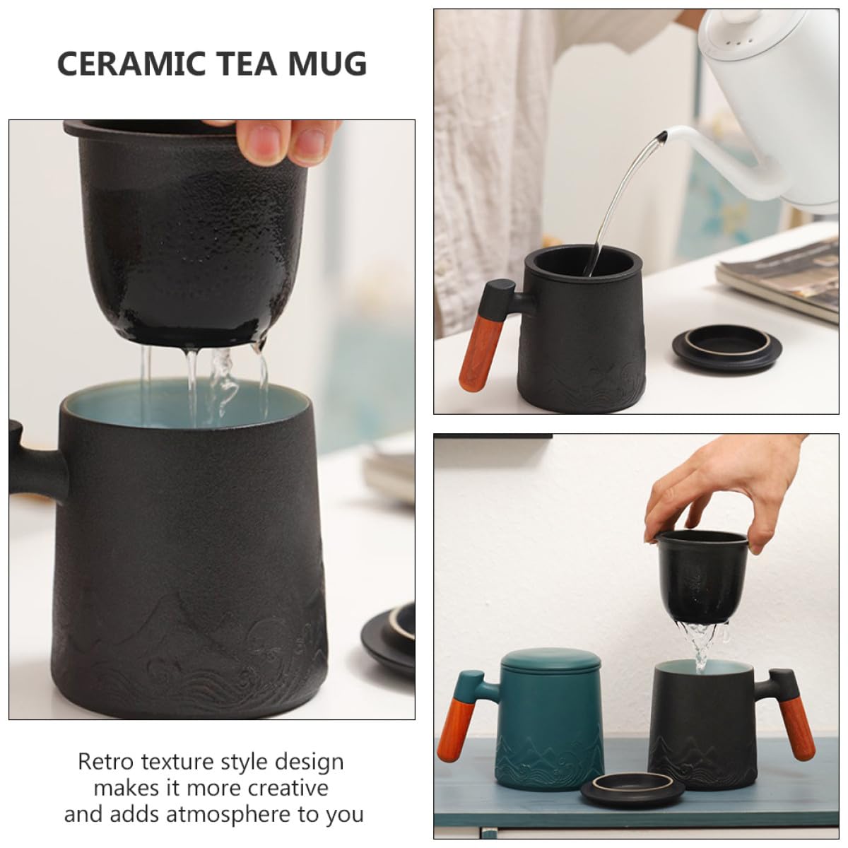 Veemoon Mug Design Rétro Créatif Poignée en Bois en Céramique Noir 400ml avec Infuseur et Couvercle pour Café Maison