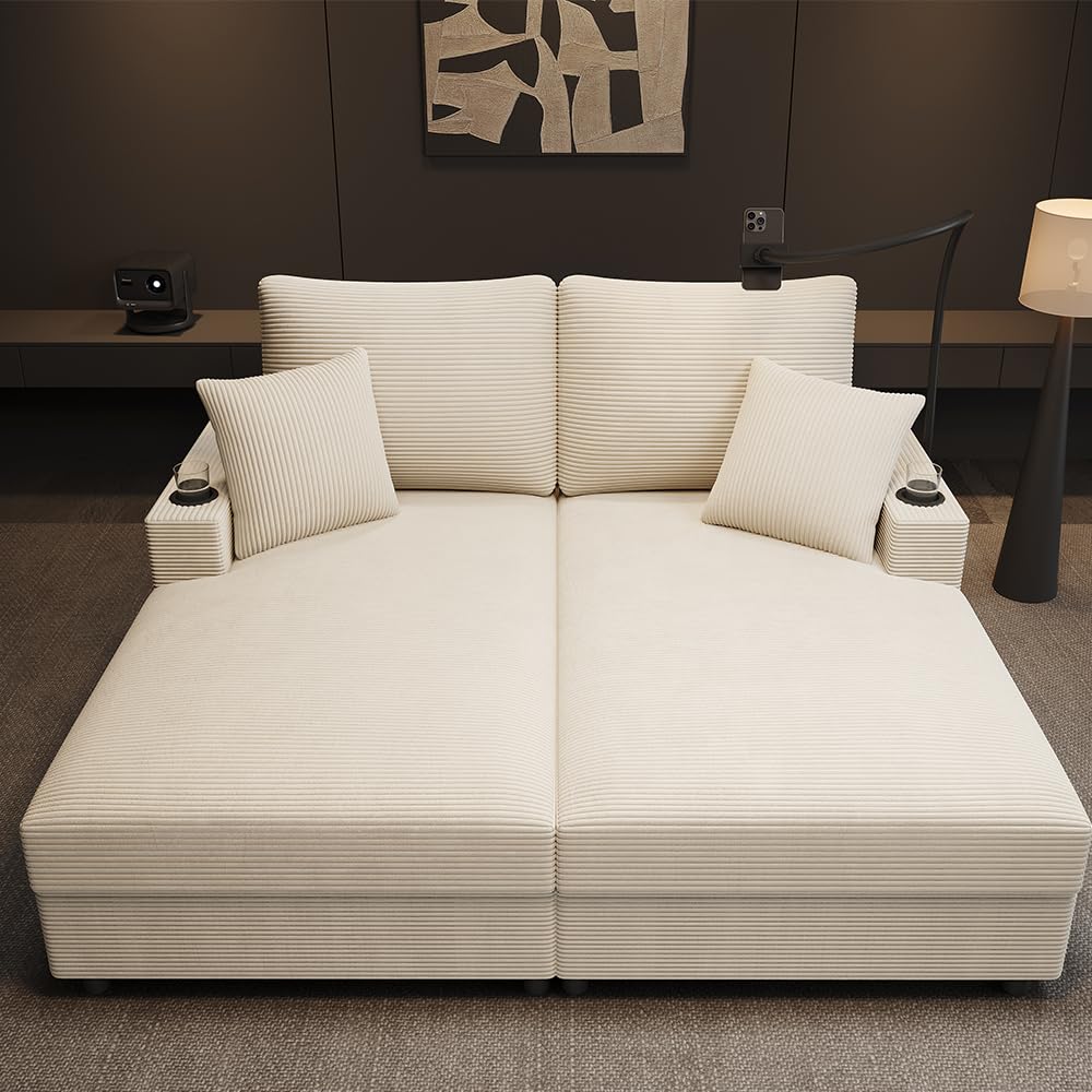 Bladez Doppelschlafsofa mit Schlaffunktion, Cord Sofa mit gepolsterter Liegefläche, Handyhalterung, USB- & USB-C-Anschluss, Getränkehalter, 2-Sitzer Couch für Wohnzimmer & Schlafzimmer (beige)