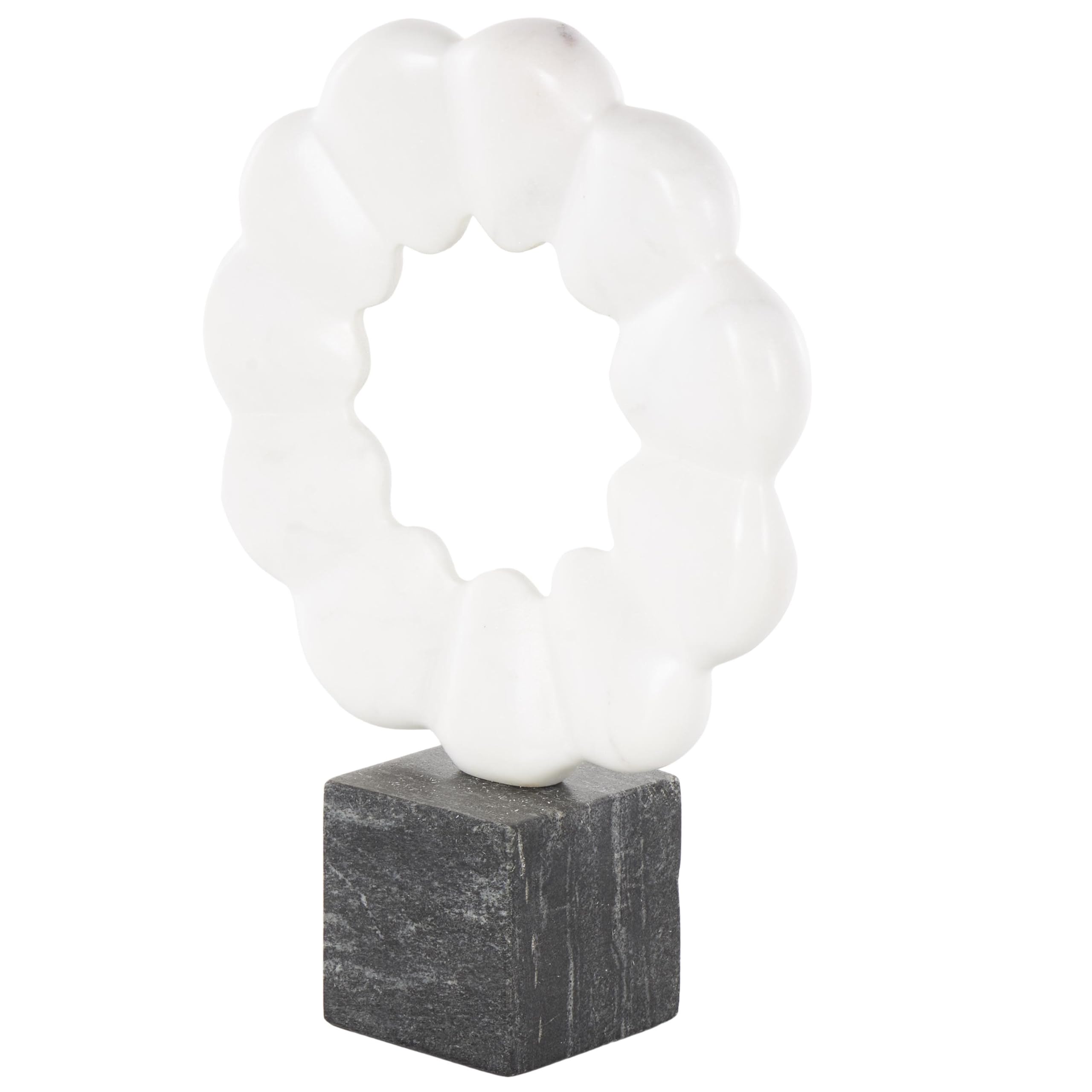 Deco 79 Marble Geometric Decorative Sculpture Floral Inspired Ring Home Decor Statue with Black Block Base, Accent Figurine 9" x 3" x 12", White
