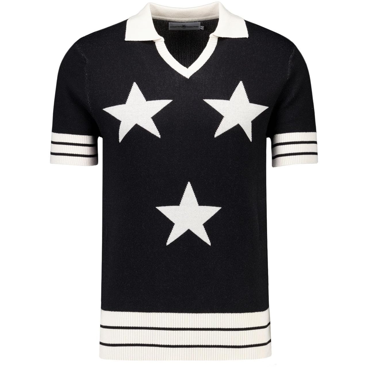 Madcap England Mens Retro 70s Mod Northern Soul 3-Star Knitted Short Sleeve Skipper Neck Polo KTF MC1140 (UK, Alpha, L, Regular, Regular, Black/White)
