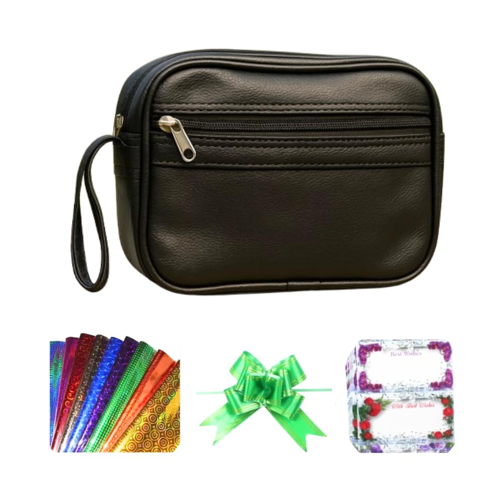 Mens Toiletry Kit Cash Bag Wrist Hand Bag Foam Leather Money Carrying Multipurpose Travel Accessories Pouch Shaving Makeup Cosmetic Grooming Husband Gift,Boy Friend Gift Size(26/20/8 cm) Black Colour-image-2