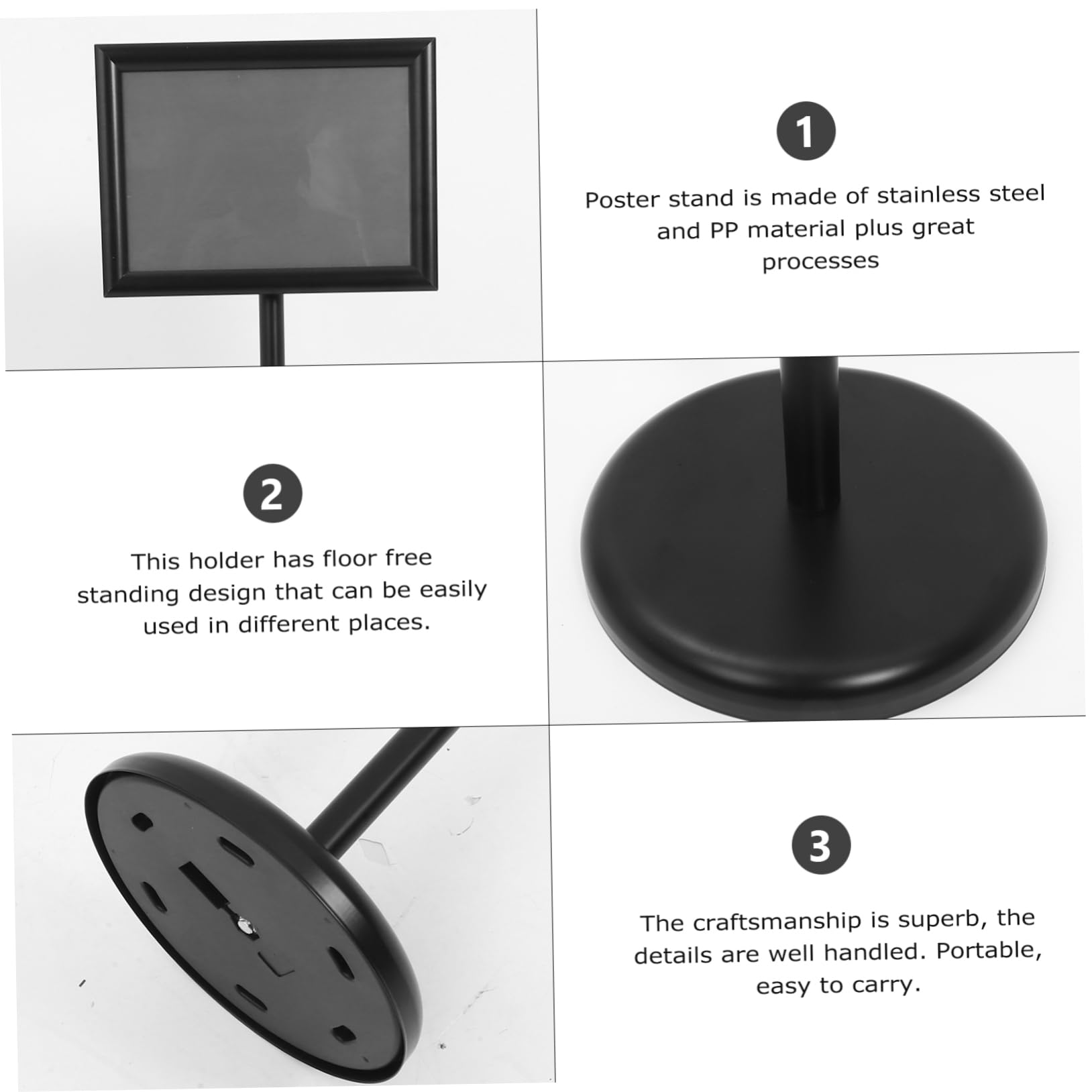 Soporte para Carteles de Suelo A4 Negro de Acero Inoxidable | Estructura Simple, Instalación Fácil, Portátil, Acabado en Pp, Formato Comercial