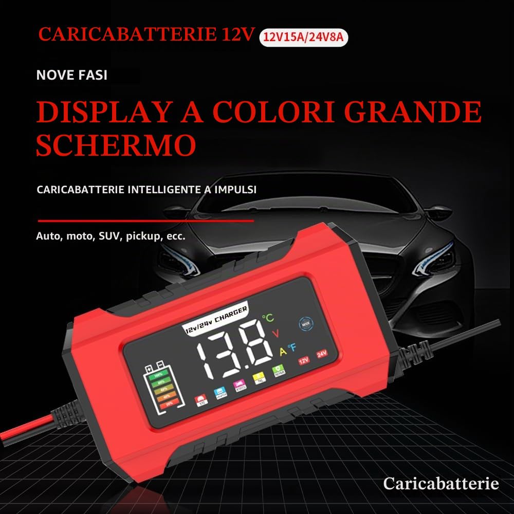 Caricabatteria Auto di Carica 24V 8A/12V 15A, Carica Batteria per Auto di Carica Portatile LiFePO4, Caricabatteria di Mantenimento con 4 Modalità di Carica per Batterie per al Litio Moto e Caravan