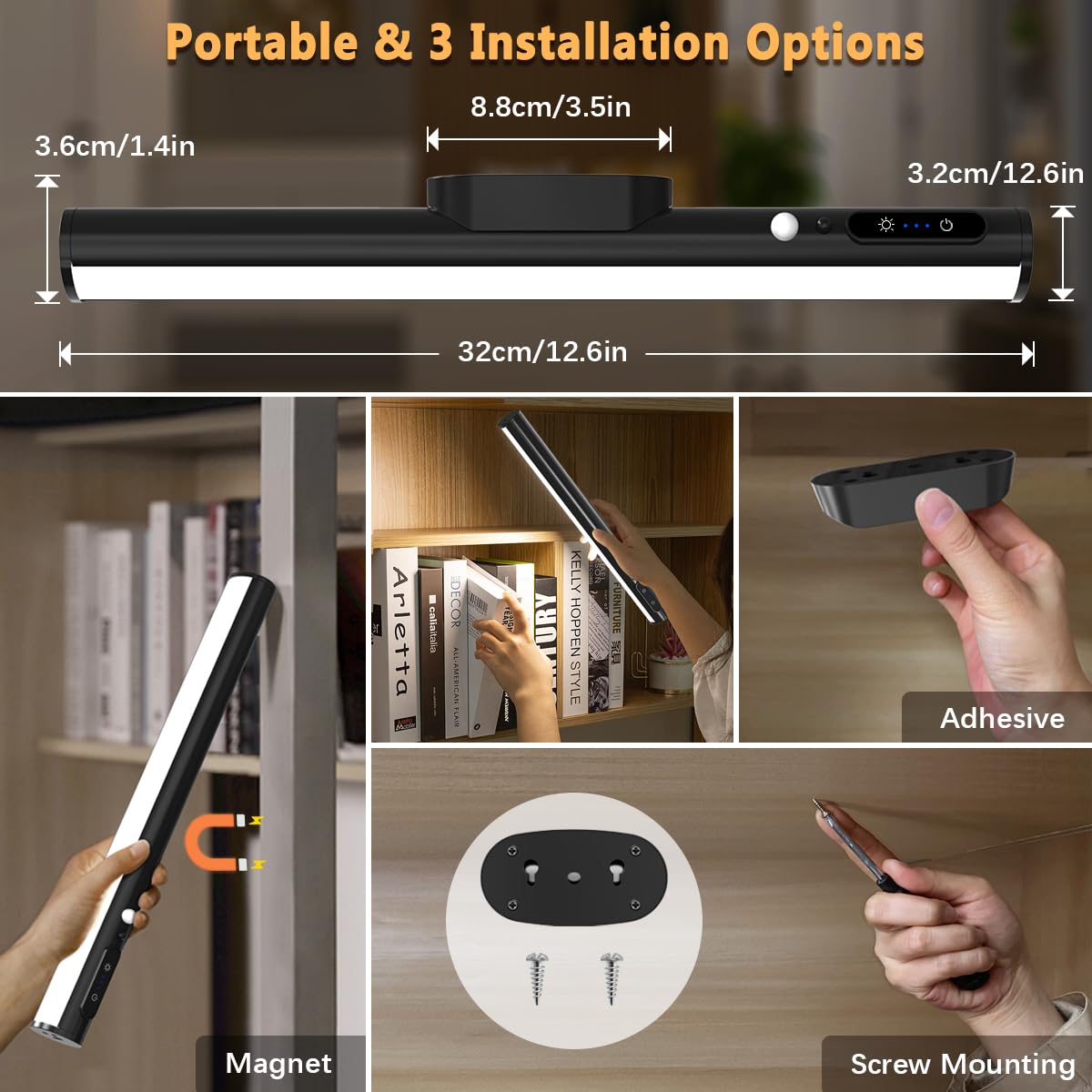 Hapfish Luz LED con Sensor de Movimiento Sin Cable, Lampara LED Pared USB Recargable Magnetica Inalambrica, Luces Escritorio Bateria con Mando, Barra Flexo Pilas para Armario Espejo Cocina Baño