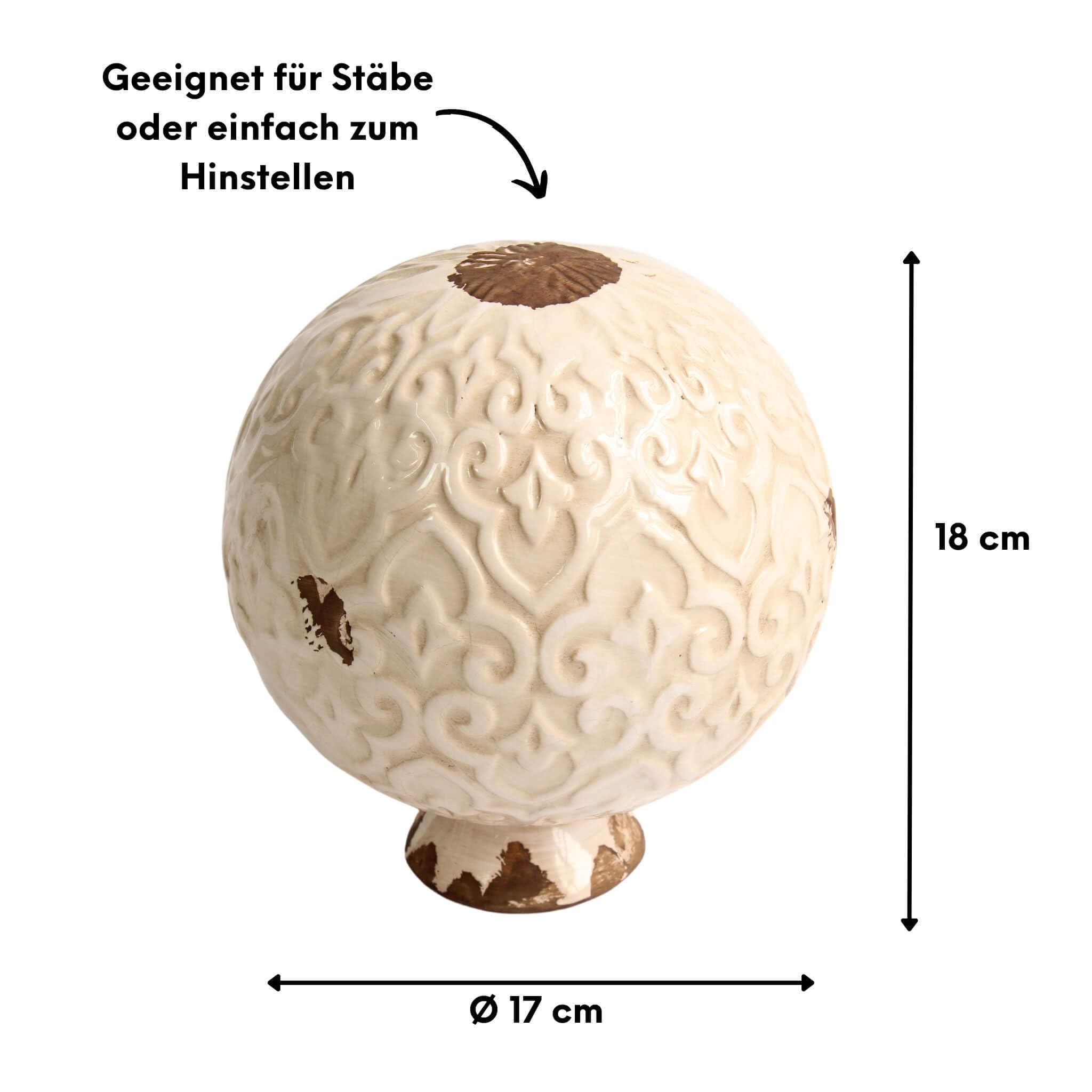 Große Gartenkugel aus Keramik weiß - Dekokugel für Stab Rosenkugel Gartendeko