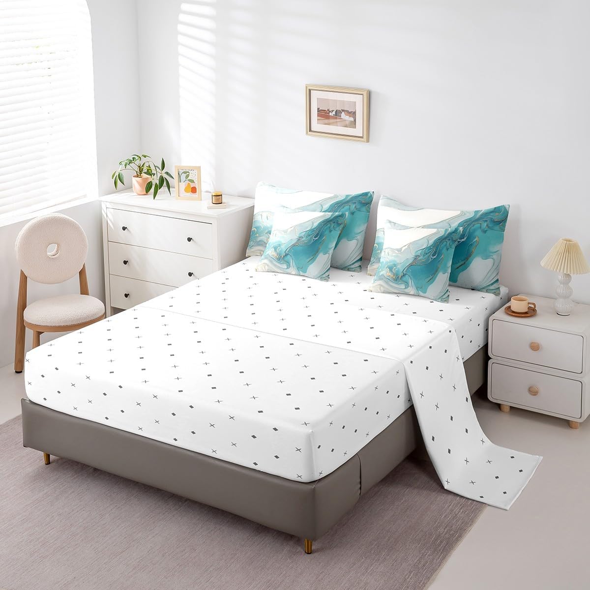 Feelyou Green Marble Comforter Set Queen Size Geometric Waves Bed in A Bag Set Abstract Art Marble Texture Bedding Sets for All Season Quilted Comforter, Sheets Set,Pillowcases, Pillow Covers