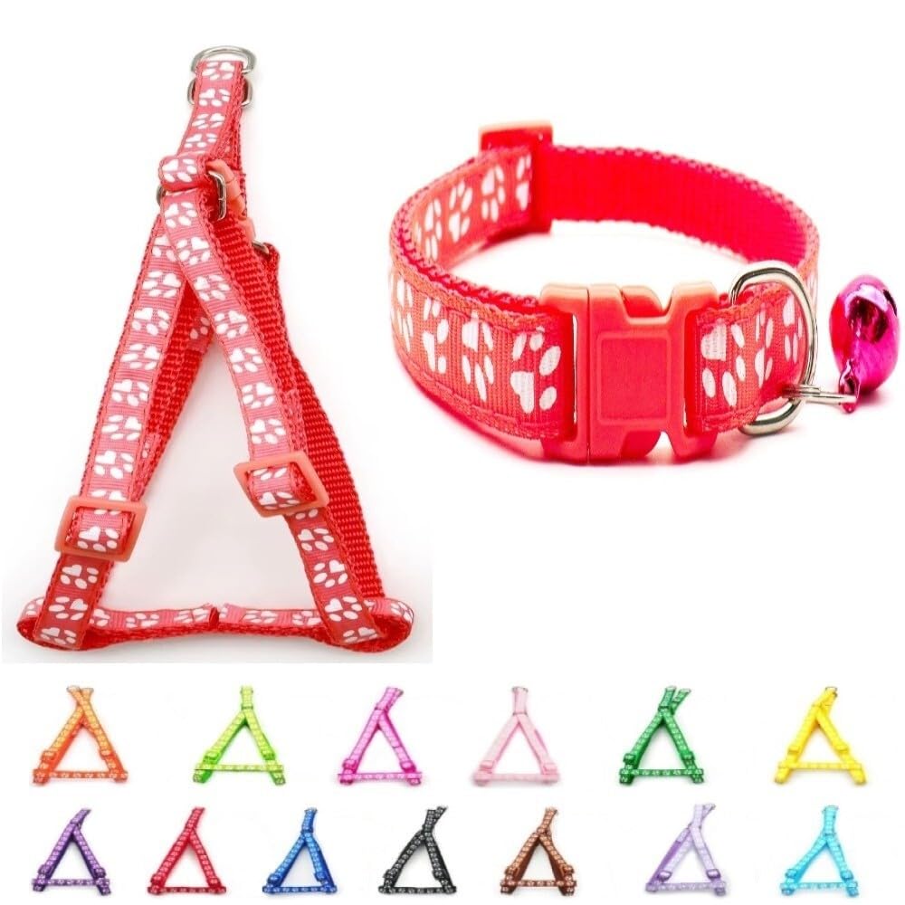 Small Dog Puppy Pet Collar and Harness Set Pawprint Design Nylon Adjustable Neck Size 19-32cm and Chest Size 21-34cm Red Pink Watermelon