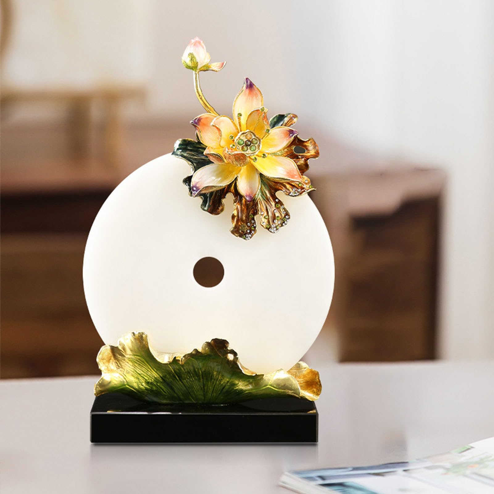 Dysk Jadeit Pi z lotosem Cloisonné - ozdoba bogactwa i pokoju Feng Shui, ręcznie robiony chiński wystrój emalii z kamieniami szlachetnymi na biurko w domu, ołtarz, prezent,26 * 12 * 40CM