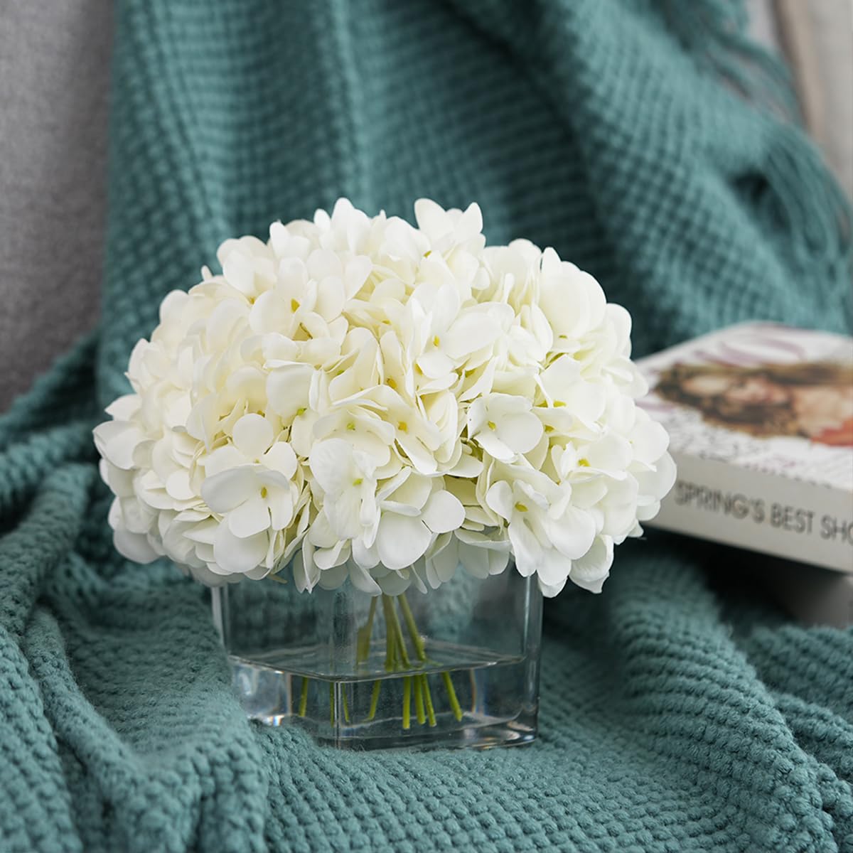 JOJOWOO Faux Hydrangea Flowers in Vase, Small Silk Flowers in Vase with Fake Water for Home Decor Wedding Table (Cream)