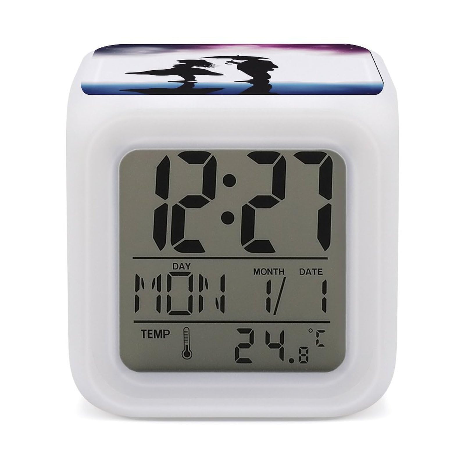 VstaDank Anime Lovers Silhouette Alarm Clock with 7 Color Changing Night Light Date Temp Display Wake Clocks LED Display Digital Clock Electric Desk Clocks for Living Office Bedroom Decor