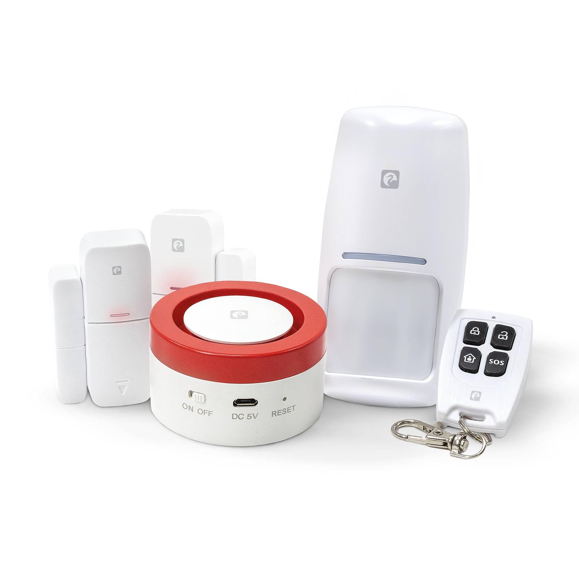 Garza Smart - Kit Sistema di Allarme Intelligente WiFi Domestico Sirena 120dB, 1 Sensore di Movimento, 3 Rilevatori di Apertura Porte/Finestre e 1 Telecomando WiFi 2.4GHz