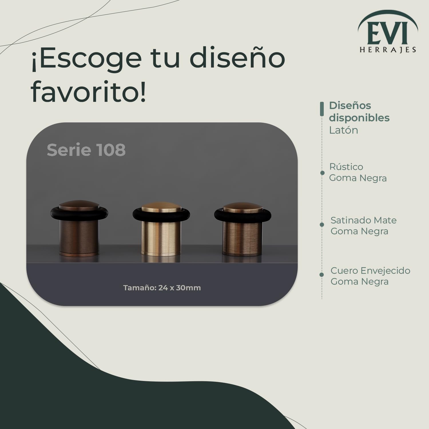 EVI Herrajes | Pack de 2 Topes de Puerta | Ø24 x 30mm | Base Roscada | Goma Negra de Silicona Natural | Latón | Incluye Taco + Tornillo | I-138CBMT