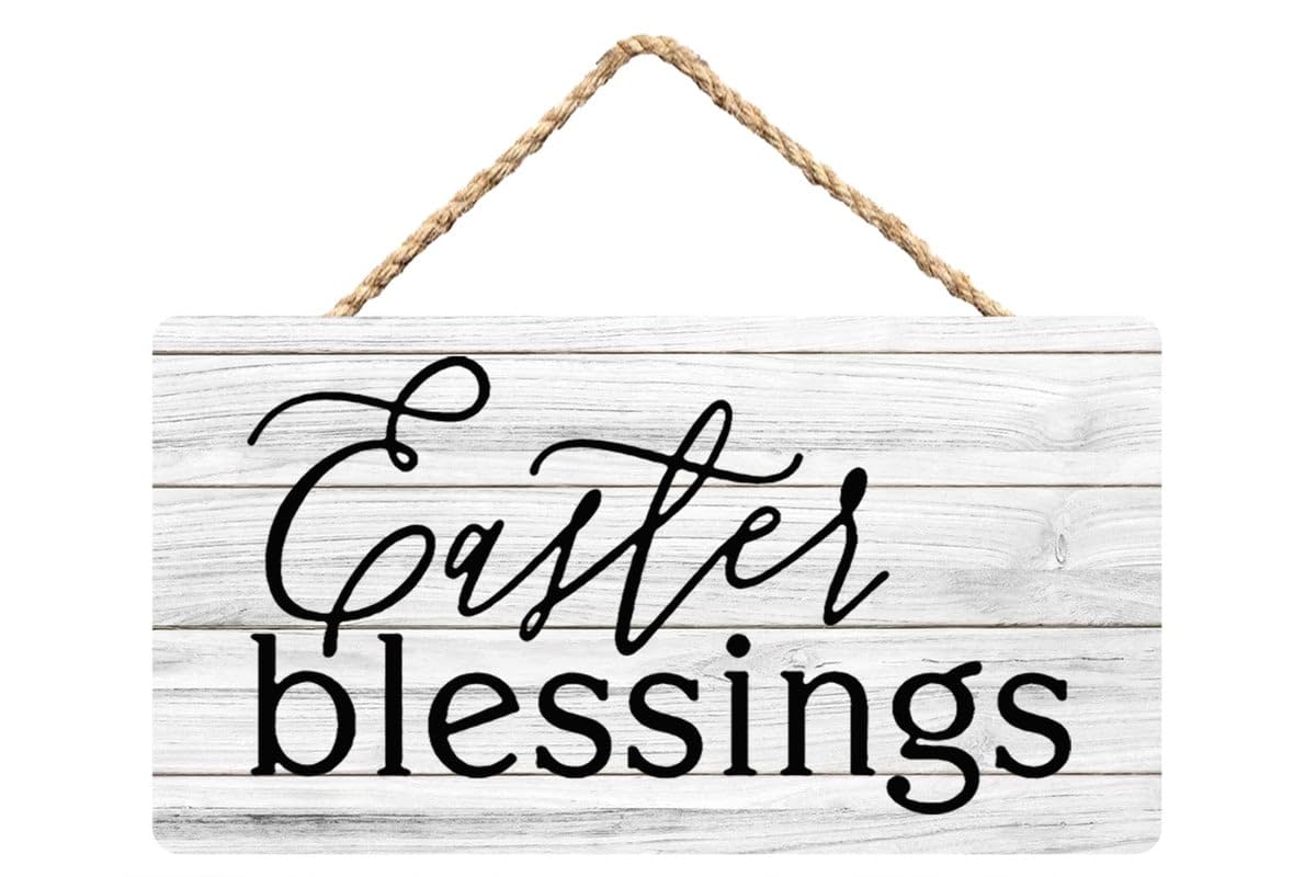 Wooden Sign Easter Blessings Wood Plaque Hanging - Wall Sign for Home Easter Decor 12X6 Inch