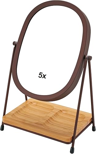 JOYOEIKON Espejo de maquillaje clásico de doble cara 5X y 1X con aumento y soporte de mesa con rotación de 360 espejo cosmético de escritorio bronce