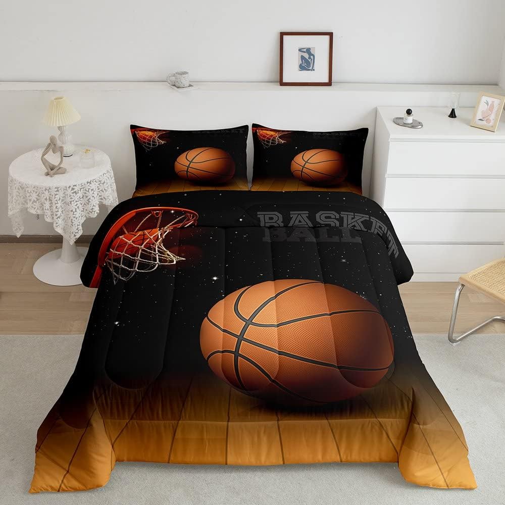 Manfei Basketball Comforter Set Queen Size, Sports Theme Bedding Set 3pcs for Kids Boys Teens