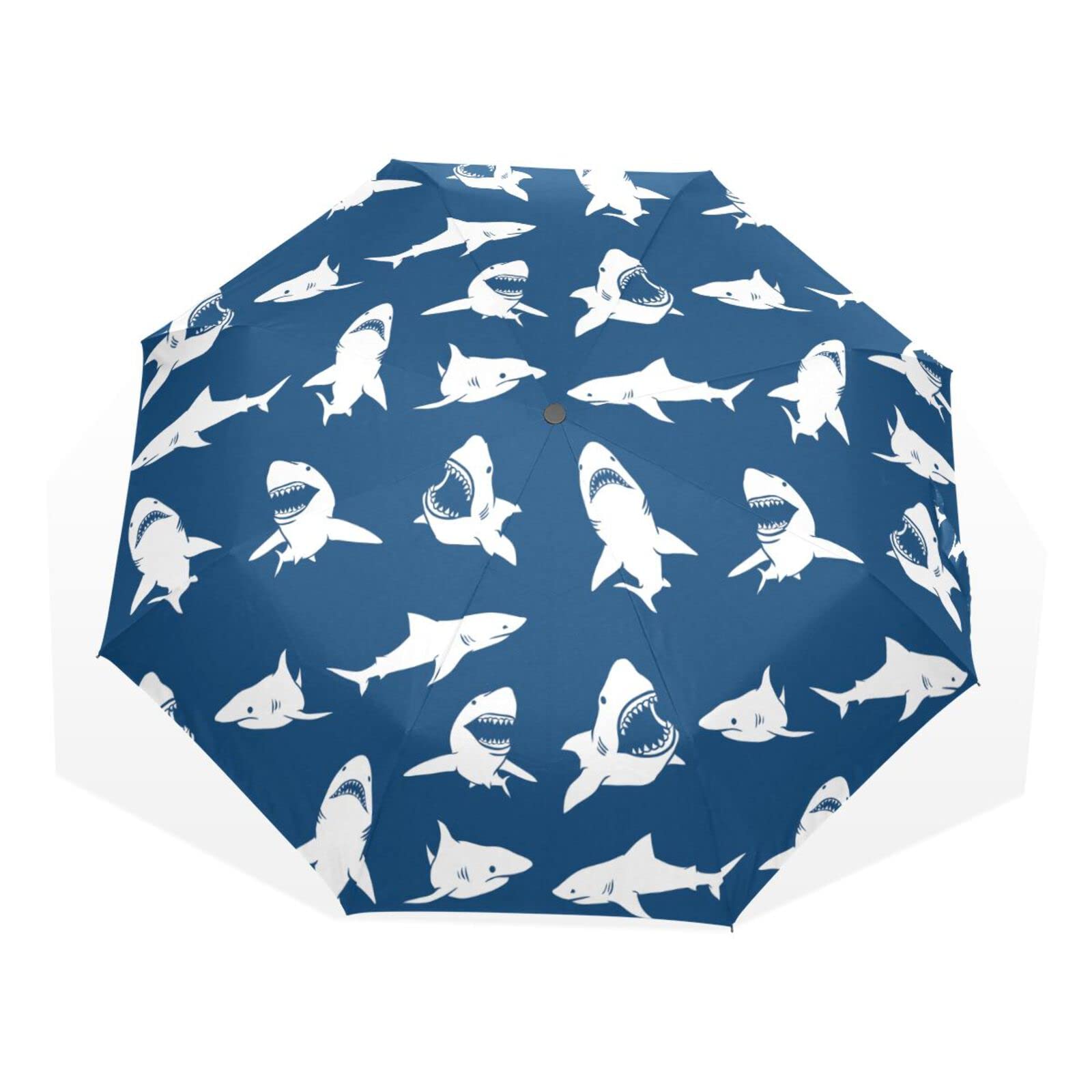 Poeticcity White Sharks Seamless on Dark Blue Background Rain Travel Umbrella, Hand Open Close Windproof Waterproof Folding Umbrella, Compact Canopy Strong Ray Parasol Umbrella