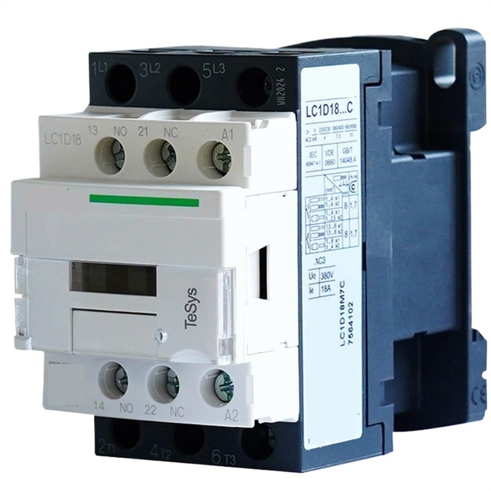 Contacteur tripolaire LC1D18 à forte endurance mécanique avec contacts 1NO+1NF