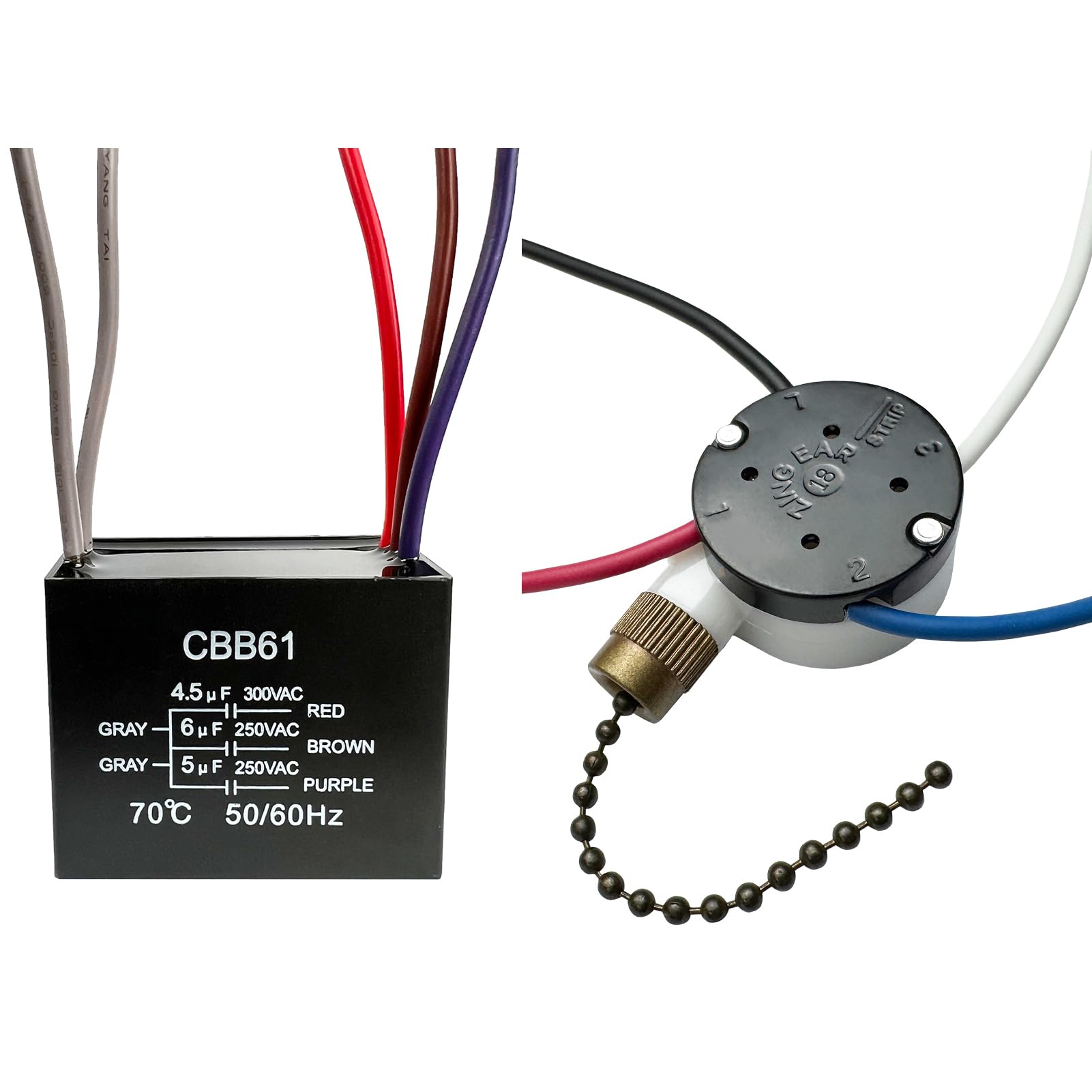 Photo 1 of **MISSING PULL CHAIN SWITCH***
YukiHalu Ceiling Fan Pull Chain Switch 3 Speed 4 Pre-Installed Wires, Ceiling Fan Capacitor CBB61 4.5uf + 6uf + 5uf 5 Wire 250V, Light Switch for Fan and Light (Antique, 4.5+6+5uF)