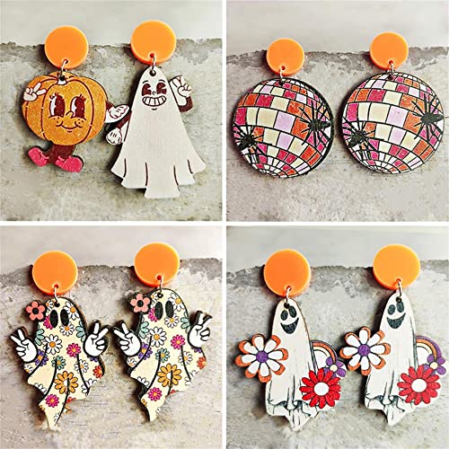 Maple Wooden Dangle Earrings - Cartoon Ghost & Pumpkin Halloween Earrings for Women2