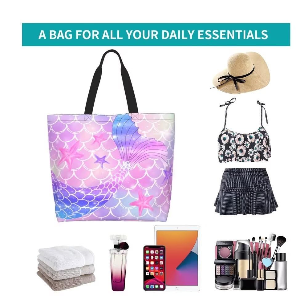 Pink Mermaid Gym Tote Bags for Women,Cute Ocean Mermaid Purse Print Shoulder Reusable Shopping Handbags Casual Travel Work Daily Waterproof Summer Grocery Bag Holiday Gifts -Large