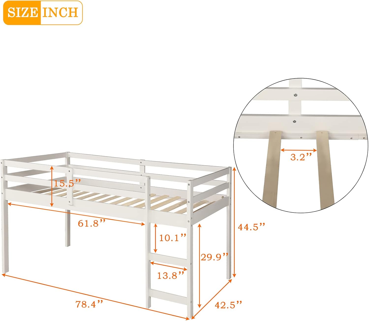 Low Loft Bed, Twin Wood Bed Frame with Cabinet and Rolling Portable Study Desk, House Bedroom Furniture (White)