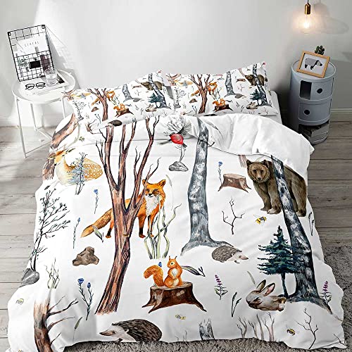 LUVIVIHOME 3PCS Bear Deer Rabbit Squirrel Fox Duvet Cover Queen Bedding Sets, White Duvet Cover, Toddler Baby Boys Girls Kids Bedding, Woodland Animal Cabin Lodge Quilt Comforter Cover, 2 Pillow Shams
