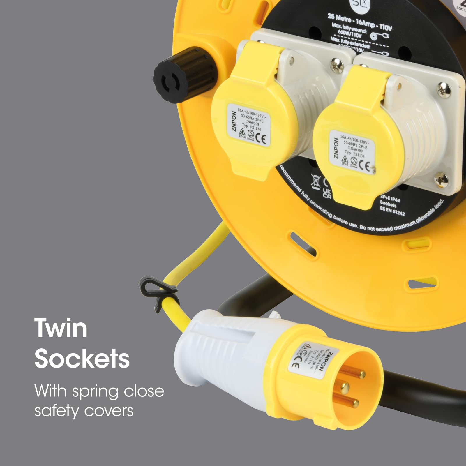SLx Prolunga industriale da 110 V, 25 m, avvolgicavo a tamburo aperto, 2 prese con taglio termico, cavo di prolunga resistente, per interni ed esterni, spina britannica con fusibile da 16 A