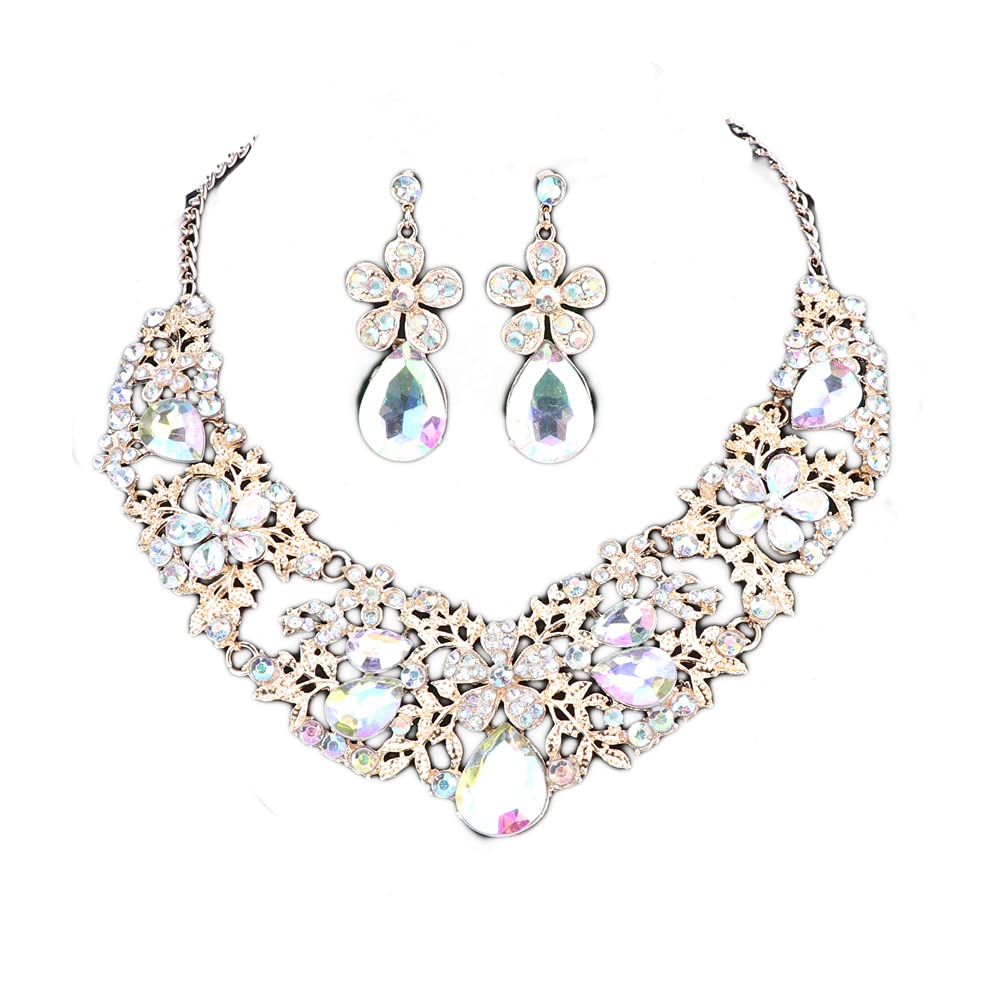 Women's Wedding Bridal Crystal Multi Teardrop Cluster Statement Flower Necklace Dangle Earrings Jewelry Set And Gift Boxes