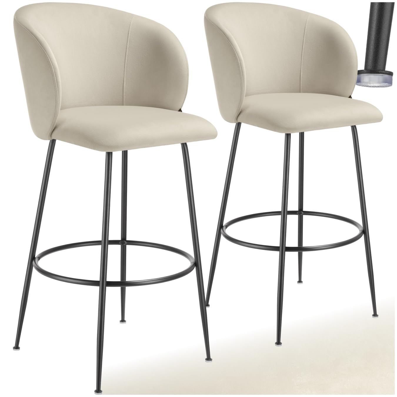 TecTake® Taburete Alto con Respaldo Acolchado, Silla Alta de Cocina con Reposapiés, Banqueta con Patas de Acero y Topes Antideslizantes, Silla de Bar, Taburete de Cocina - 2 sillas Crema/Negro