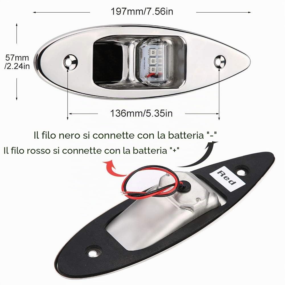 Akozon luci barca di navigazione + Luce di navigazione, 2 pezzi 12V LED incasso lato di prua di navigazione luce di segnalazione lampada di ricambio per barca marina yacht verde/rosso