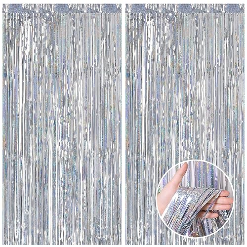 CANREVEL 2 Pack 3.3x8.2 Feet Laser Silver Foil Fringe Backdrop Curtains, Tinsel Streamers Birthday Party Decorations, Fringe Backdrop for Graduation, Baby Shower, Happy New Year, Disco Party