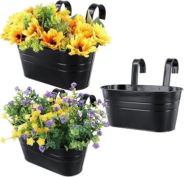 3-Pack Hanging Metal Flower Pots, Wall with Detachable Hooks, Indoor/Outdoor Planter Holders for Balcony, Railing, and Garden