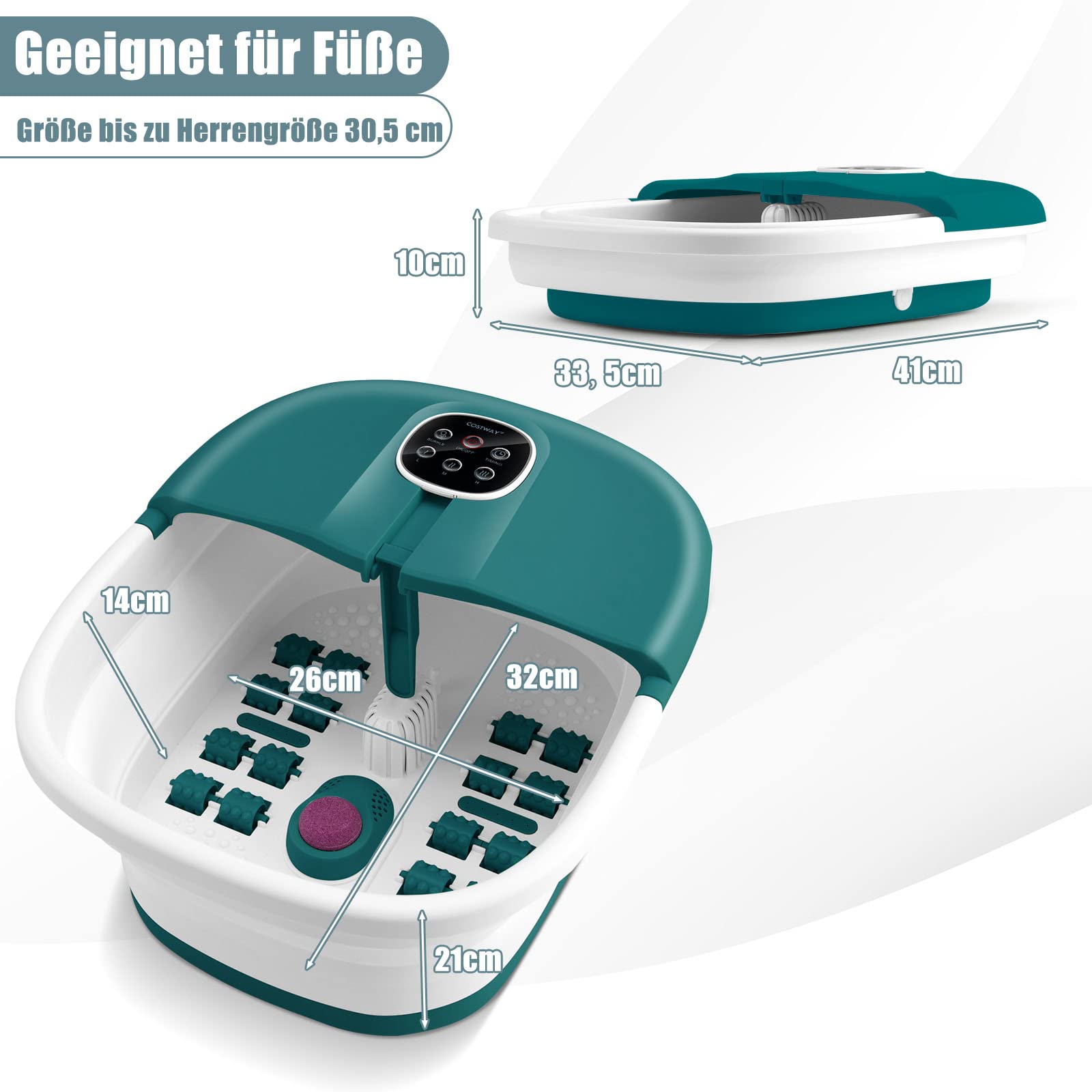 RELAX4LIFE Elektrische Fußmassageräte mit Massage & Heizung, 500W, Fußsprudelbad klappbar mit 16 Shiatsu-Rollen & Pediküre-Bimsstein, 20/60 min. Timer, 41/43/45℃, Fußbad als Geschenk (Türkis)