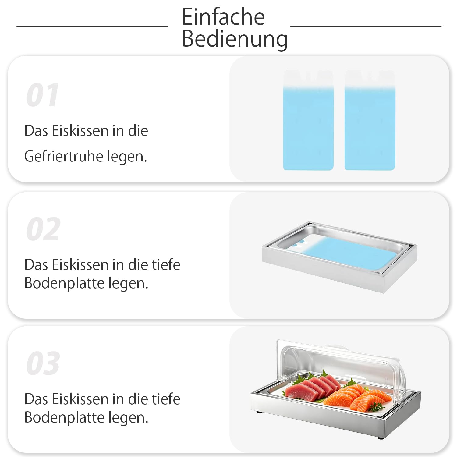 Kurflo Kühl Servierplatte | 58x37x23cm | GN 1/1 Kühlplatte mit Haube, System Kühlschale mit Kühlakku | Frischhalteplatte, Servierhaube mit 2 Kühlakkus | Edelstahl Catering Platte, Buffetvitrine