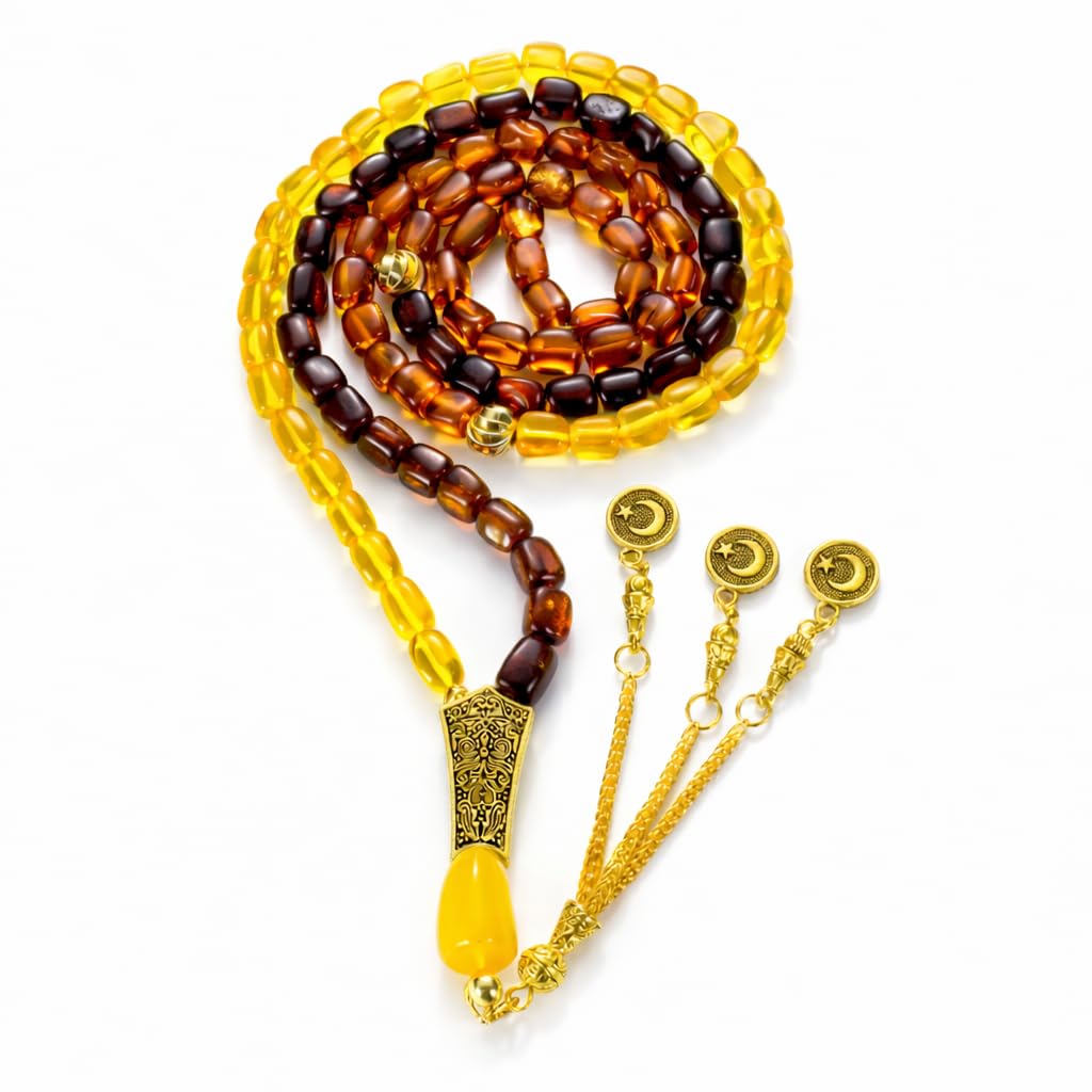 Tasbih mit 99 Perlen aus natürlichem Bernstein | Islamische Gebetskette | Mit QR-Code Zertifikat | Geschenk zu Ramadan & Eid