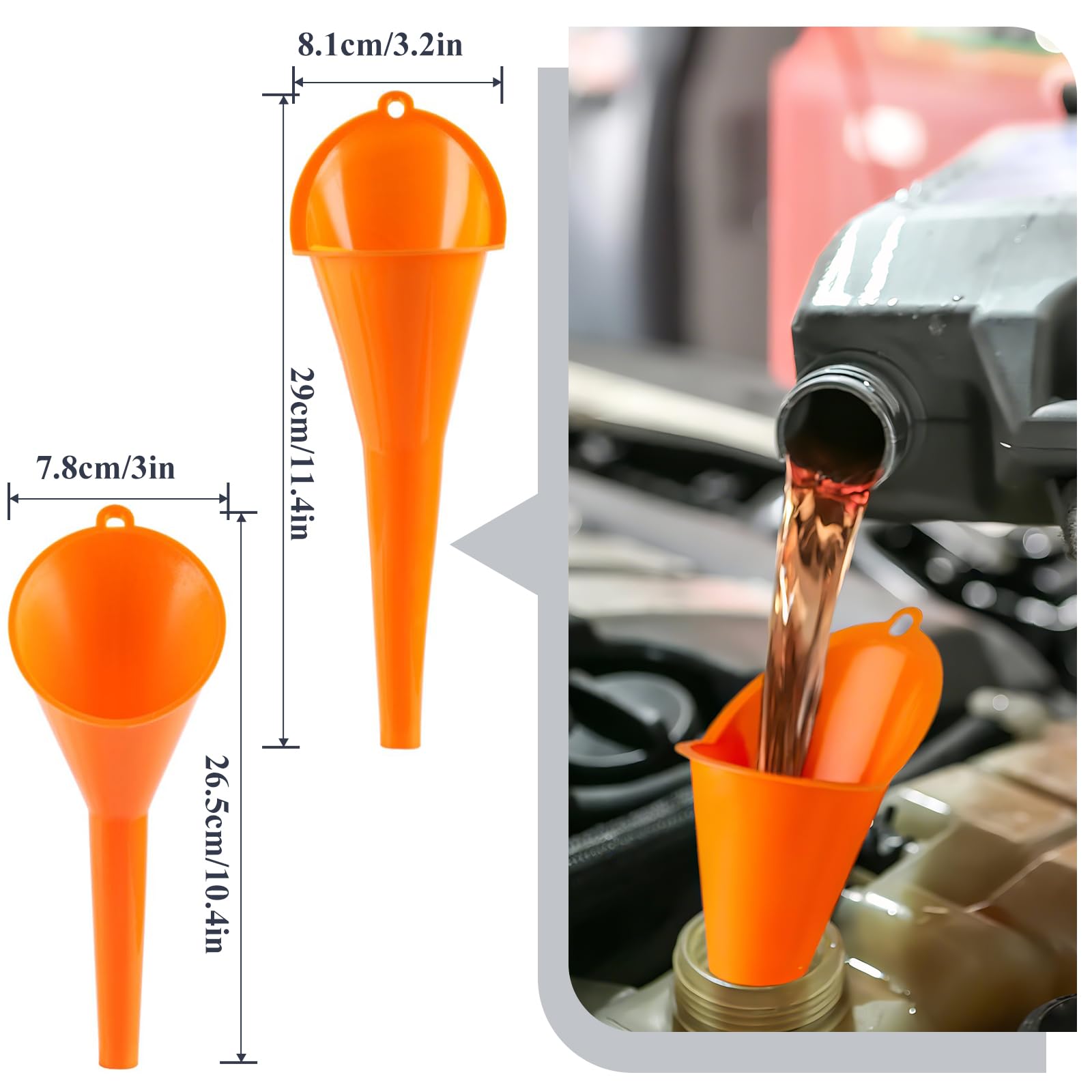 Set di 10 imbuti per auto, a bocca larga, in plastica, per olio a collo lungo, flessibili ad angolo retto, con beccuccio e filtro rimovibili, set di imbuto in plastica per acqua, benzina, refrigerante