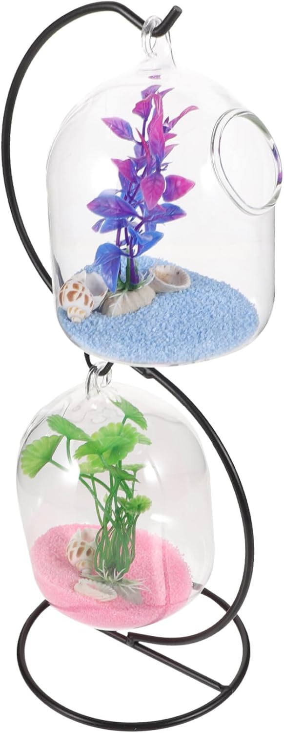 Desktop Hanging Glass Betta Fish Tank with Stand Small Transparent Aquarium Bowl for Office Home Garden Decor Mini Tabletop for Shrimp and Goldfish Cage Tanks Random Color