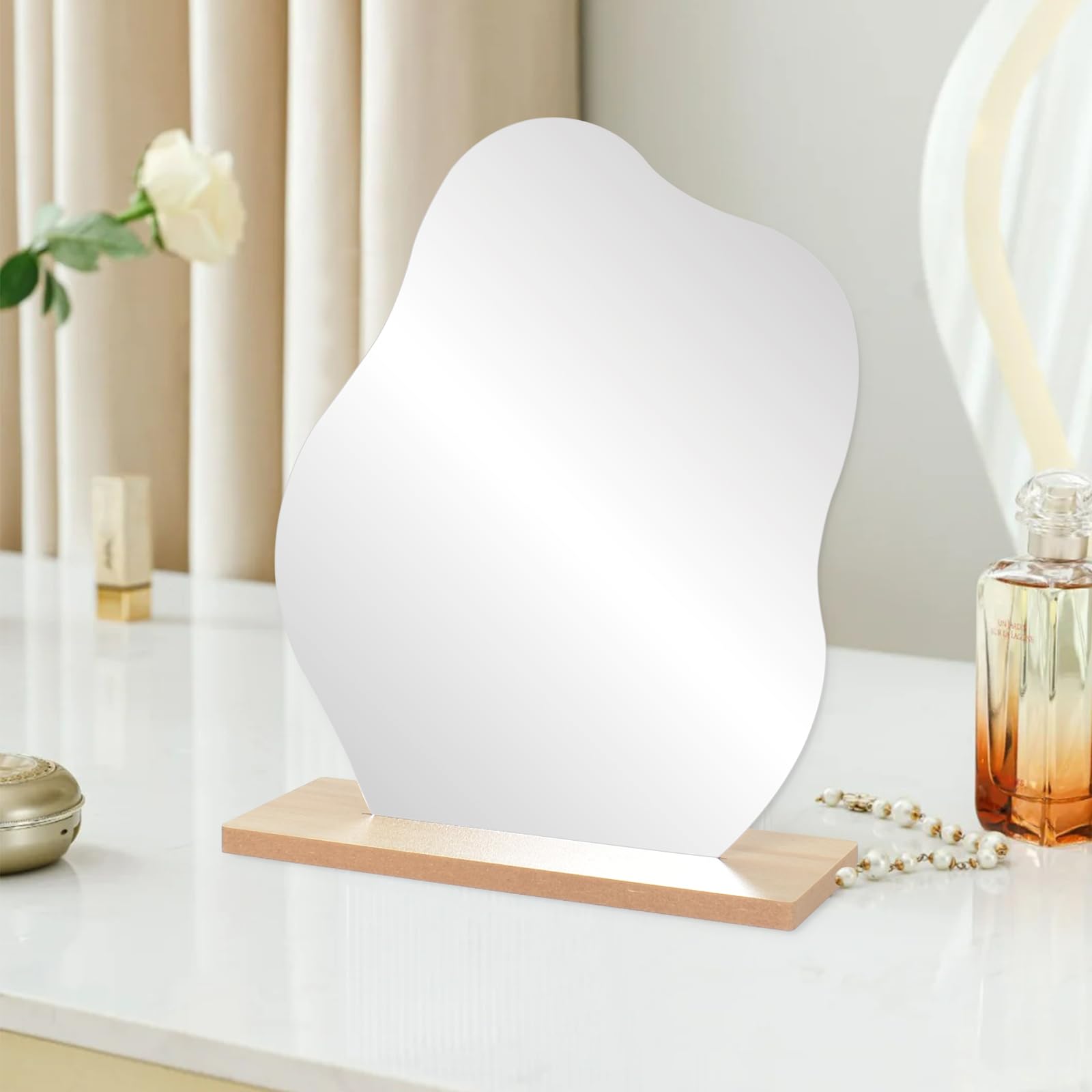 Specchio Da Tavolo Irregolare In Acrilico Con Base Legno - 23,6x19 Cm, Per Trucco E Decor - Foto 9