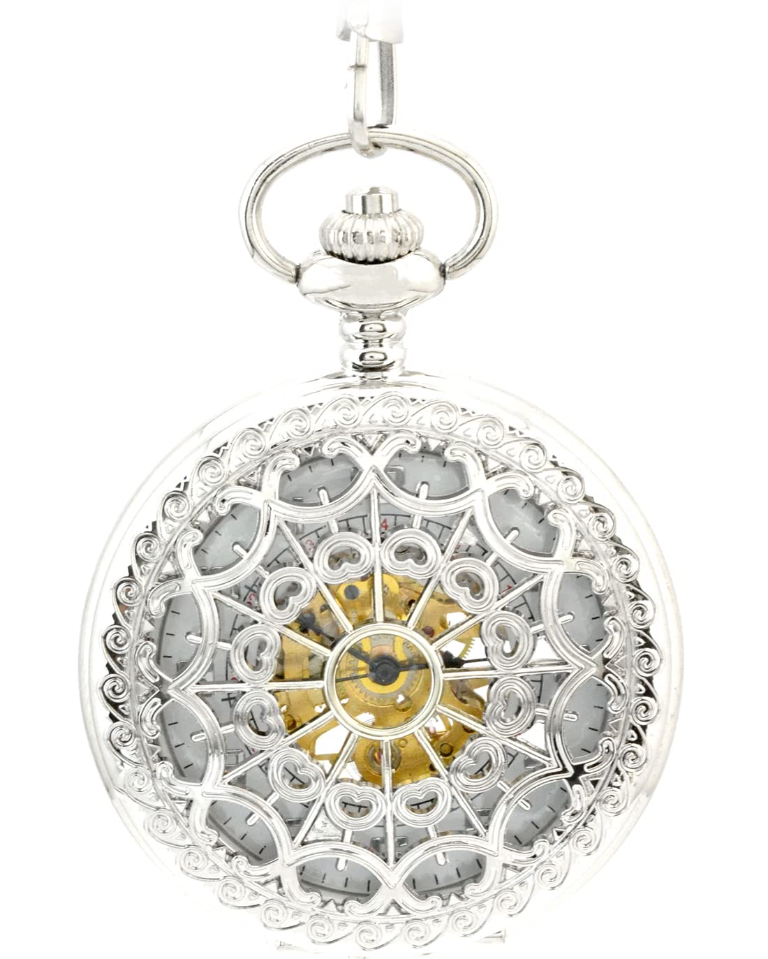 Forma de Corazón Telaraña Hueco Esqueleto Acero Reloj de Bolsillo Movimiento Mecánico Plateado