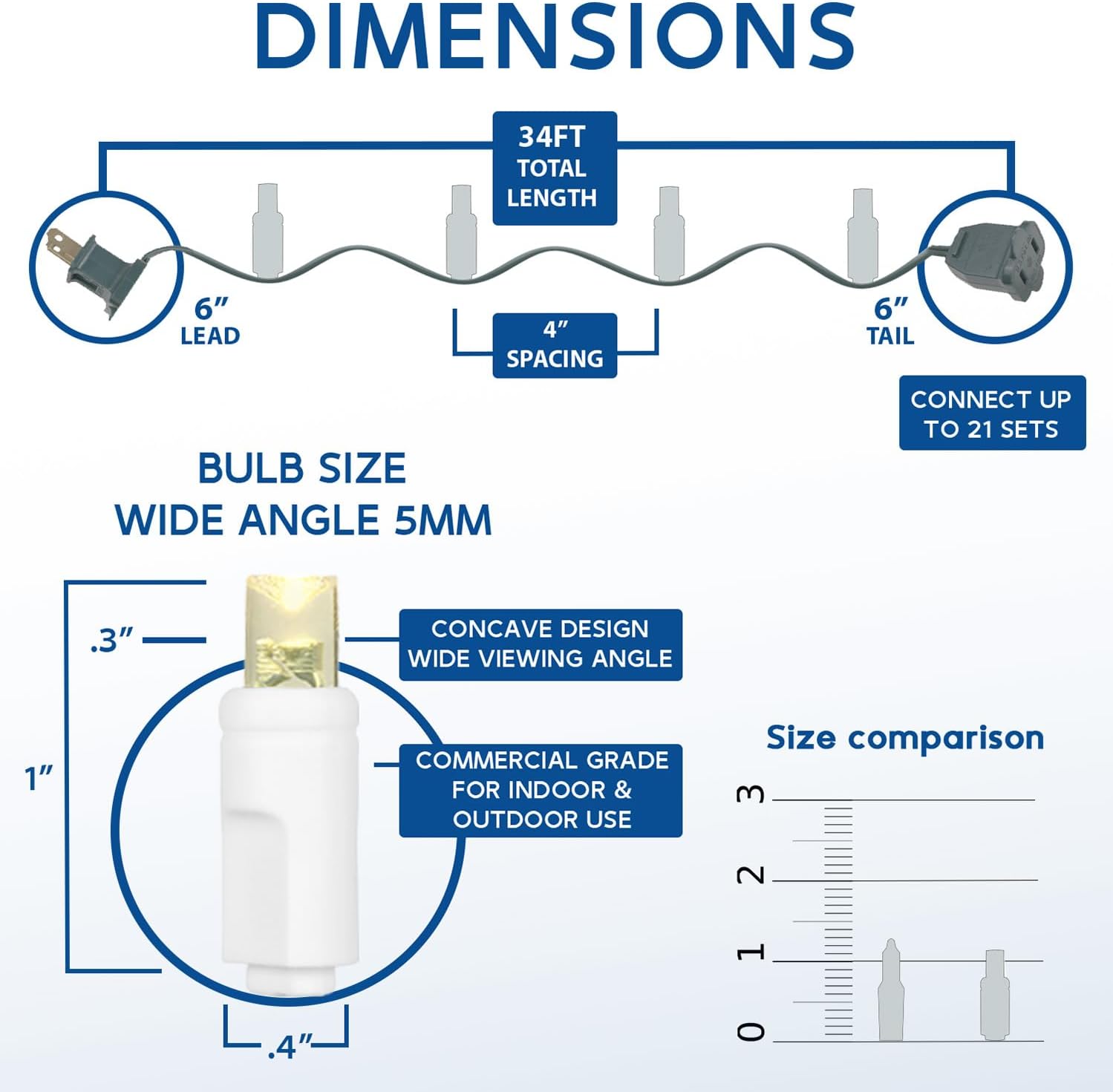 Novelty Lights 34ft Christmas String Lights, 100 Teal LED Bulbs on White Wire, 4" Spacing, Connectable Indoor Outdoor Commercial Grade Lighting for Holidays Patio Weddings