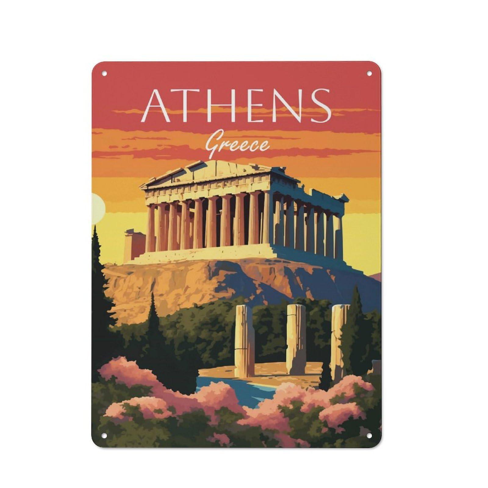 Junmoney Style-8 Athens, Greece Sunset Vintage Metal Plaque 40X30cm For Hobby Room Or Studio, For Kitchen, Dining Room And Home Bar Wall Decor
