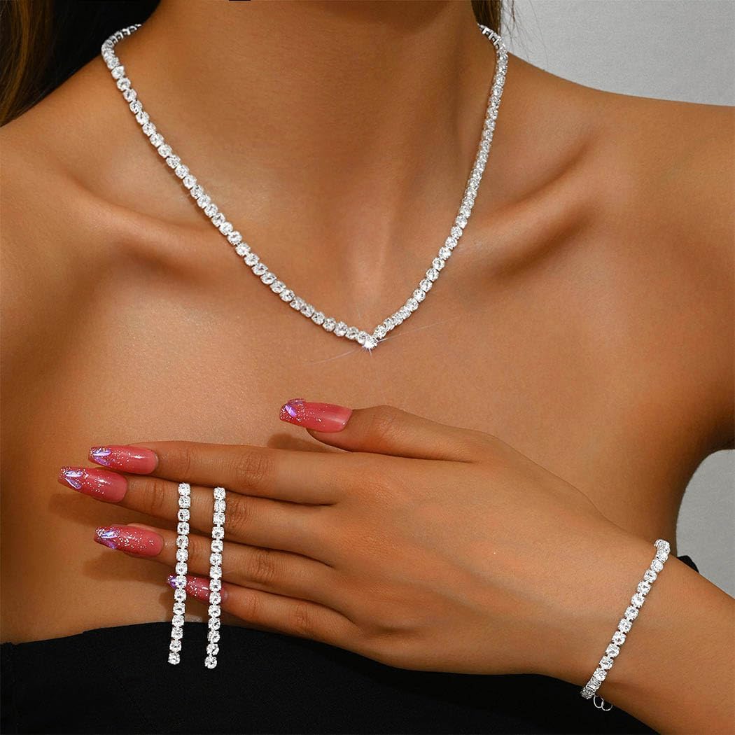 Unicra Rhinestone Bridal Wedding Jewelry Set Silver Necklace Earrings Bracelet Sets Prom Formal Costume Jewelry Sets for Women and Brides