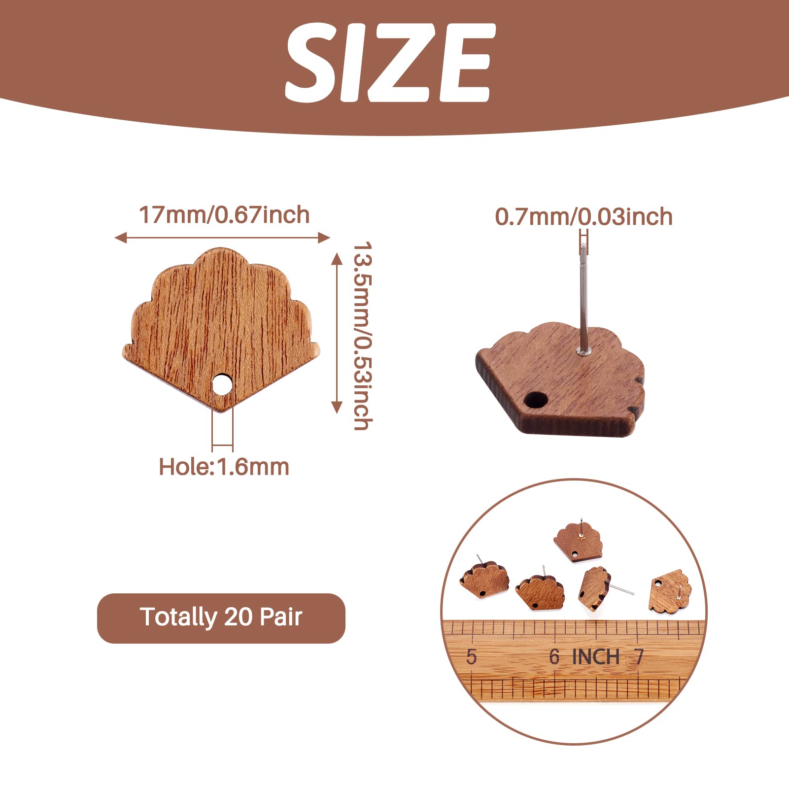 Pandahall 20 Pairs Walnut Wood Earring Findings - 15mm Flat Round Studs With Stainless Steel Pins