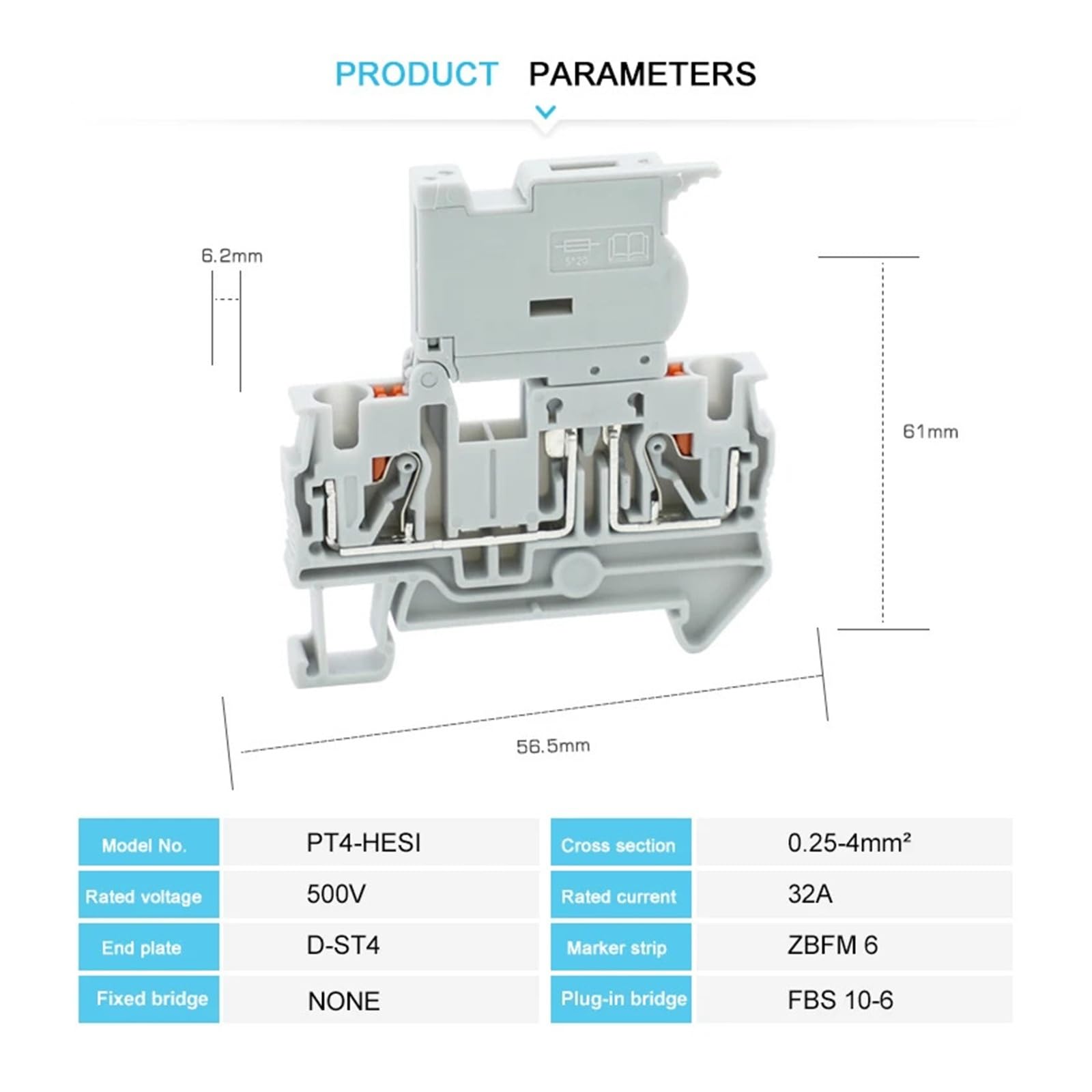 Bornier modulaire à fusible PT 4-HESI 5 x 20 mm, 10 pièces, connexion enfichable, câble de 4 mm, connecteur de rail DIN NS35 PT4-HESI 4 mm²(Gray,Without Fuse)