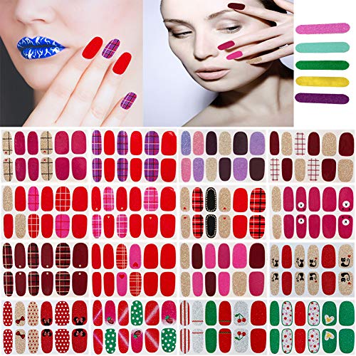 192 peices Full Wraps Nail Polish Stickers Strips Shinny Color DIY Self-Adhesive Nail Art Decals Strips , French Romance Nail Polish Stickers with 5 Pcs Nail Files for Women and Girls