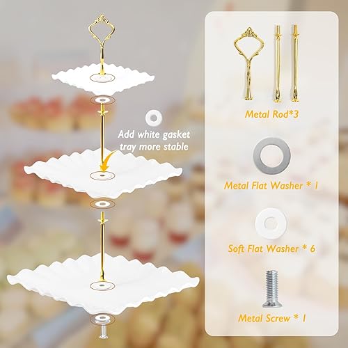 Miniatura 3 de Juego de 5 soportes para cupcakes, juego de mesa de postres con 2 soportes para cupcakes de 3 niveles + 3 bandejas de aperitivos perfectas (onda)