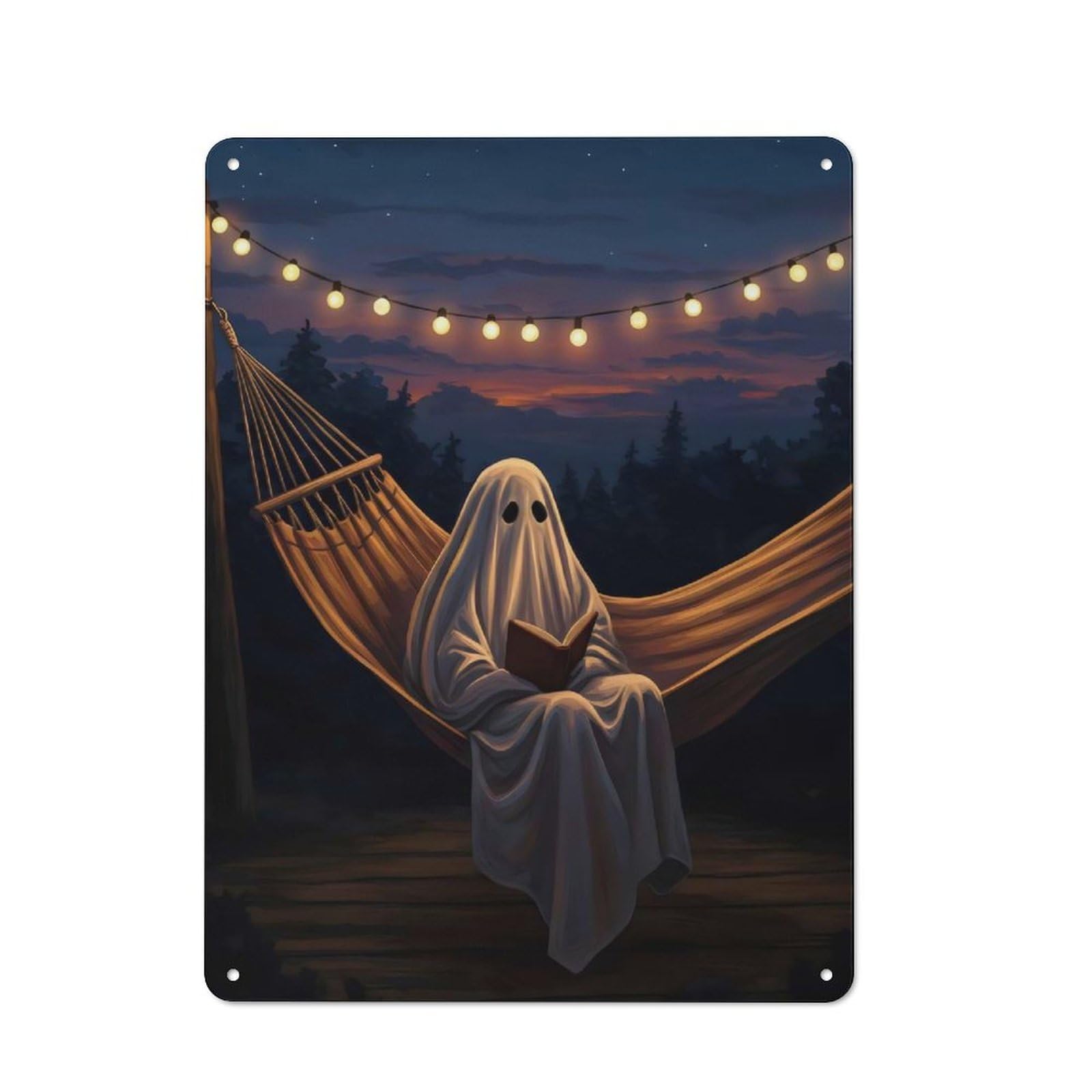 Junmoney Ghost Reading In A Hammock Vintage Metal Plaque 40X30cm For Home Office Or Studio, Seasonal Metal Wall Decor For Winter Interiors