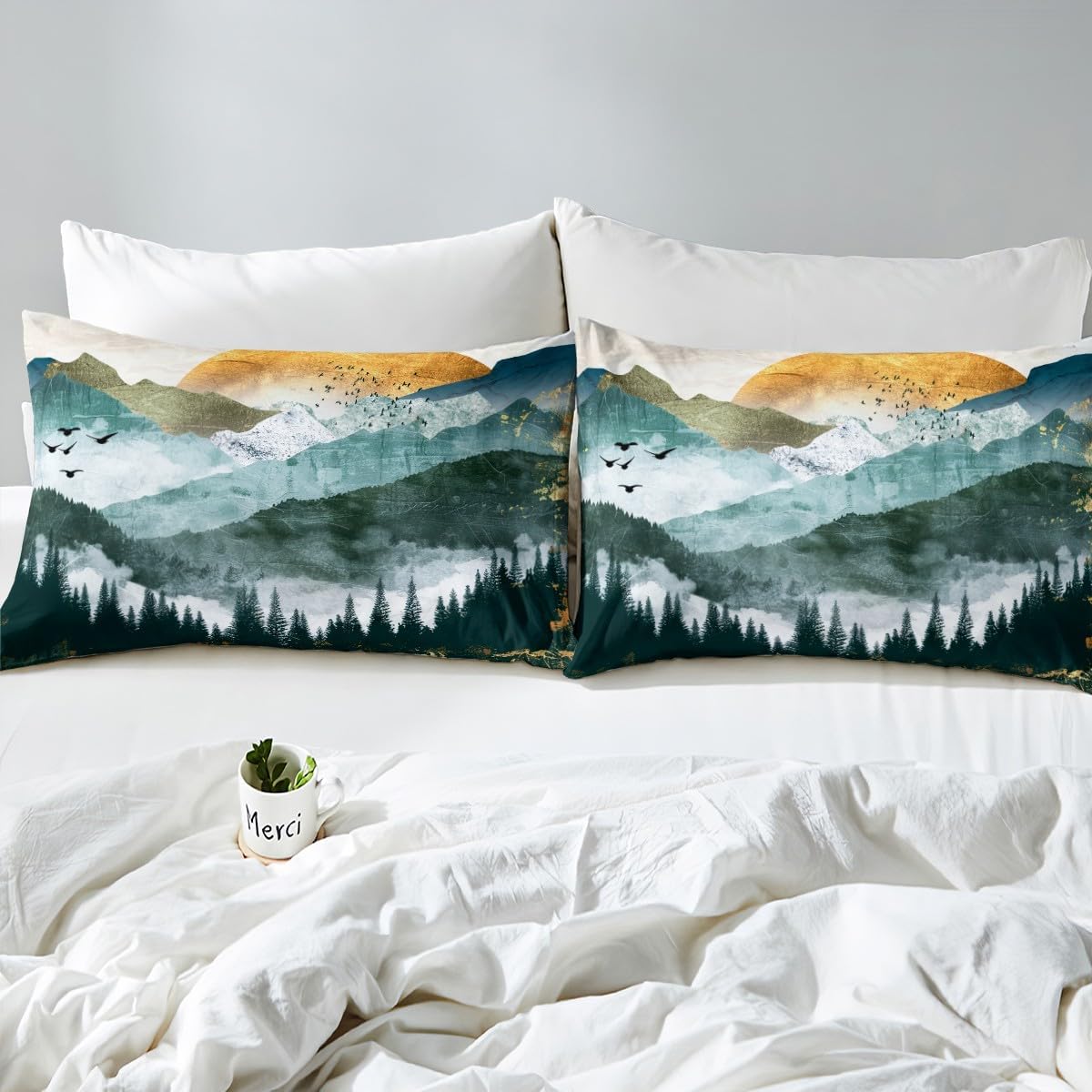 Women Men Bedding Set Chic Mountain Natural Scenery Art Bedding Duvet Cover Set For Teens Chinese Style Decor Comforter Cover Green Golden Landscape Bedspread Cover Bedroom 3Pcs Zipper Full Size